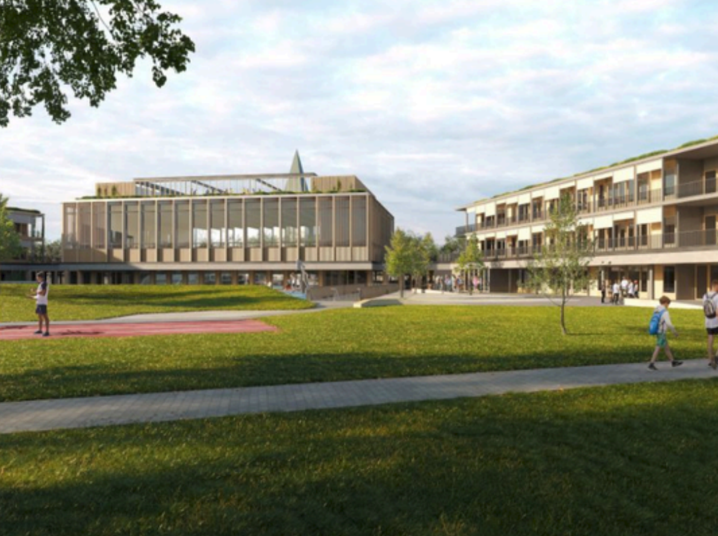 Architectural visualization of the Torquato Tasso campus with modern buildings and green outdoor spaces.