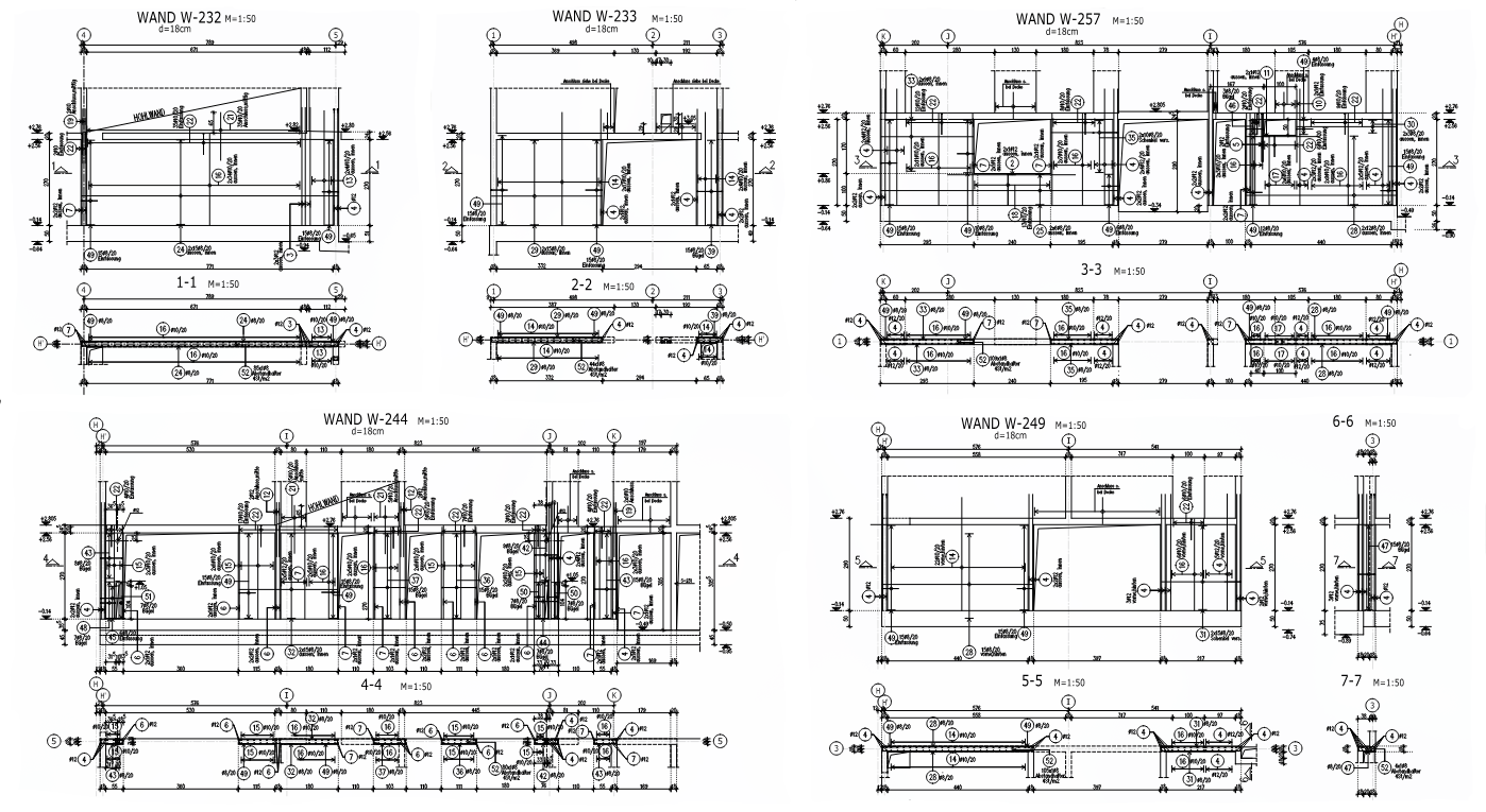 BIM reinforcement design CAD software showing automated rebar detailing and bar bending schedules for structural concrete walls